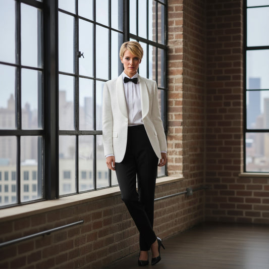 Lady wearing a white tuxedo with a black bow tie in a room with large windows and brick walls.