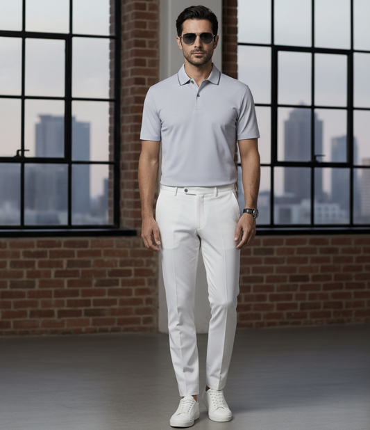 Man wearing a light Blue polo shirt and white pants standing in front of large windows with a cityscape view.