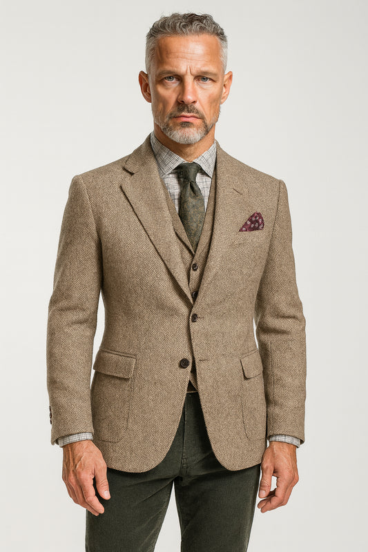 Man wearing a brown tweed suit with a white background