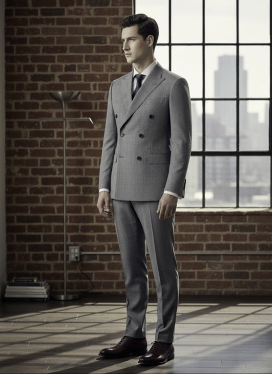 Light Grey/ POW Check Double Breasted / Two Piece Suit Italian Pure Wool Super 110'S