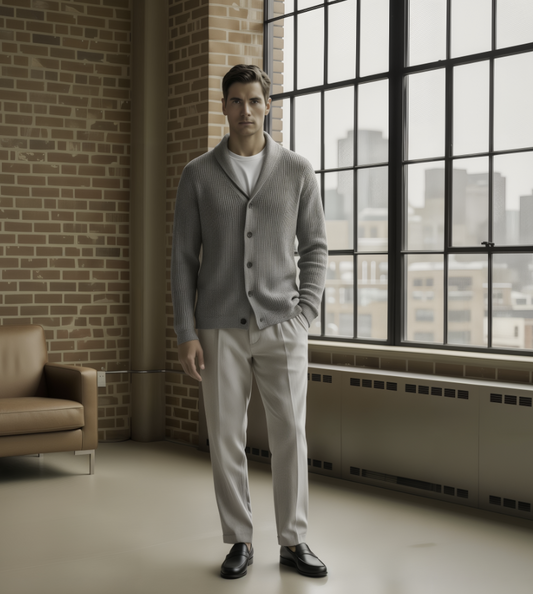 Man wearing a gray cardigan and light gray pants standing in a room with a brick wall and large window.