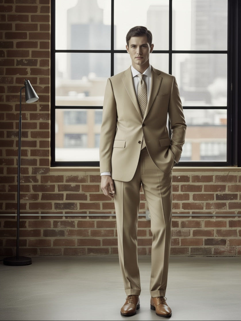 Man in a Light Khaki suit standing in front of a large window with a cityscape view.