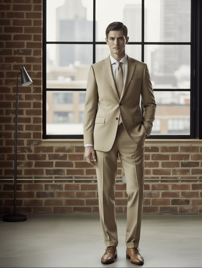 Man in a Light Khaki suit standing in front of a large window with a cityscape view.