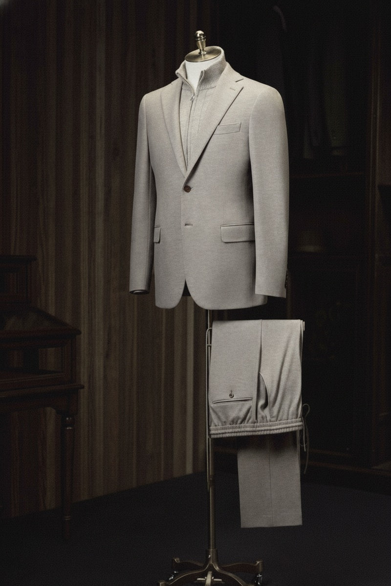 Light gray suit on a mannequin with a matching jacket draped over it against a dark background.
