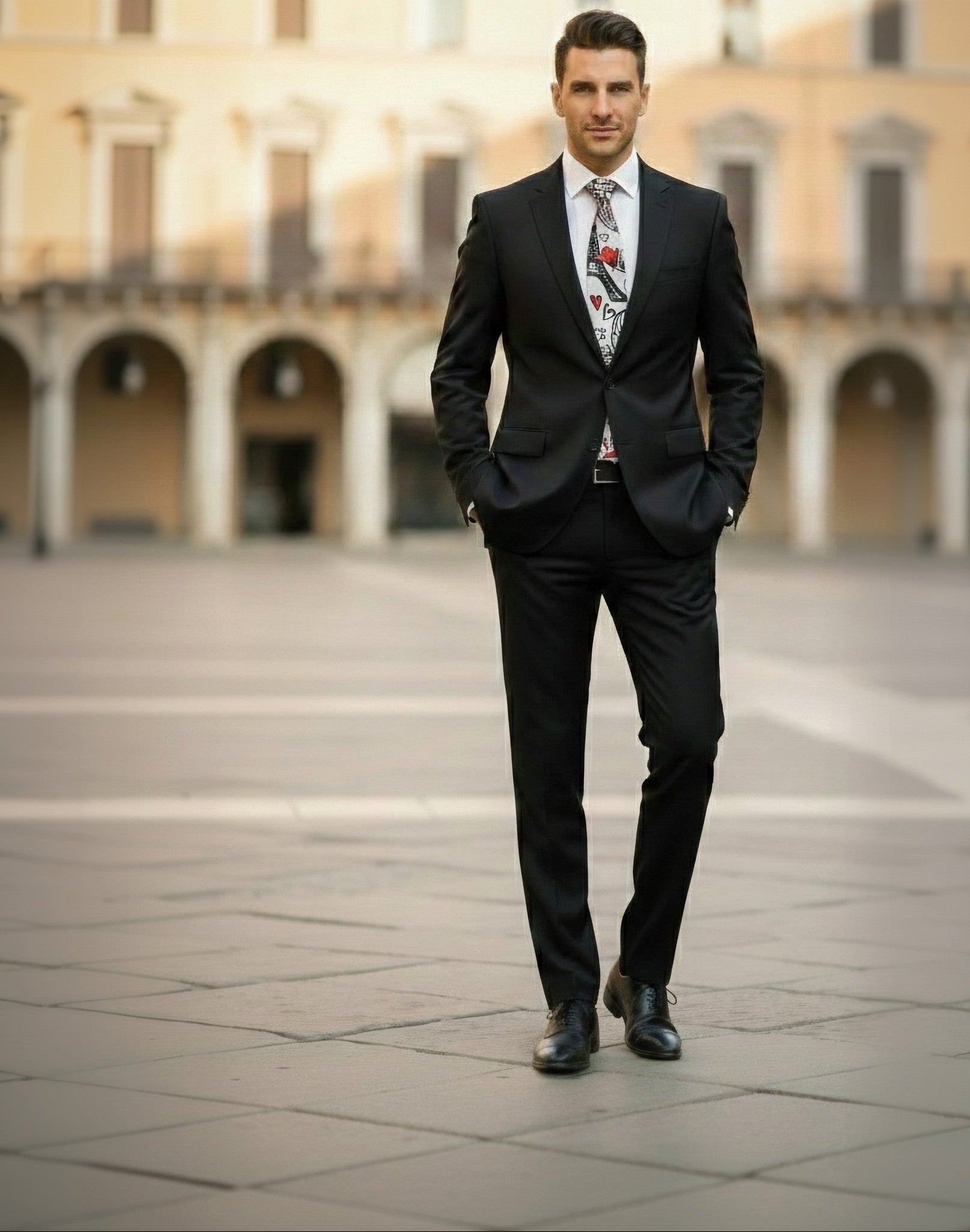 Man in a black suit standing in an open square with classical architecture.