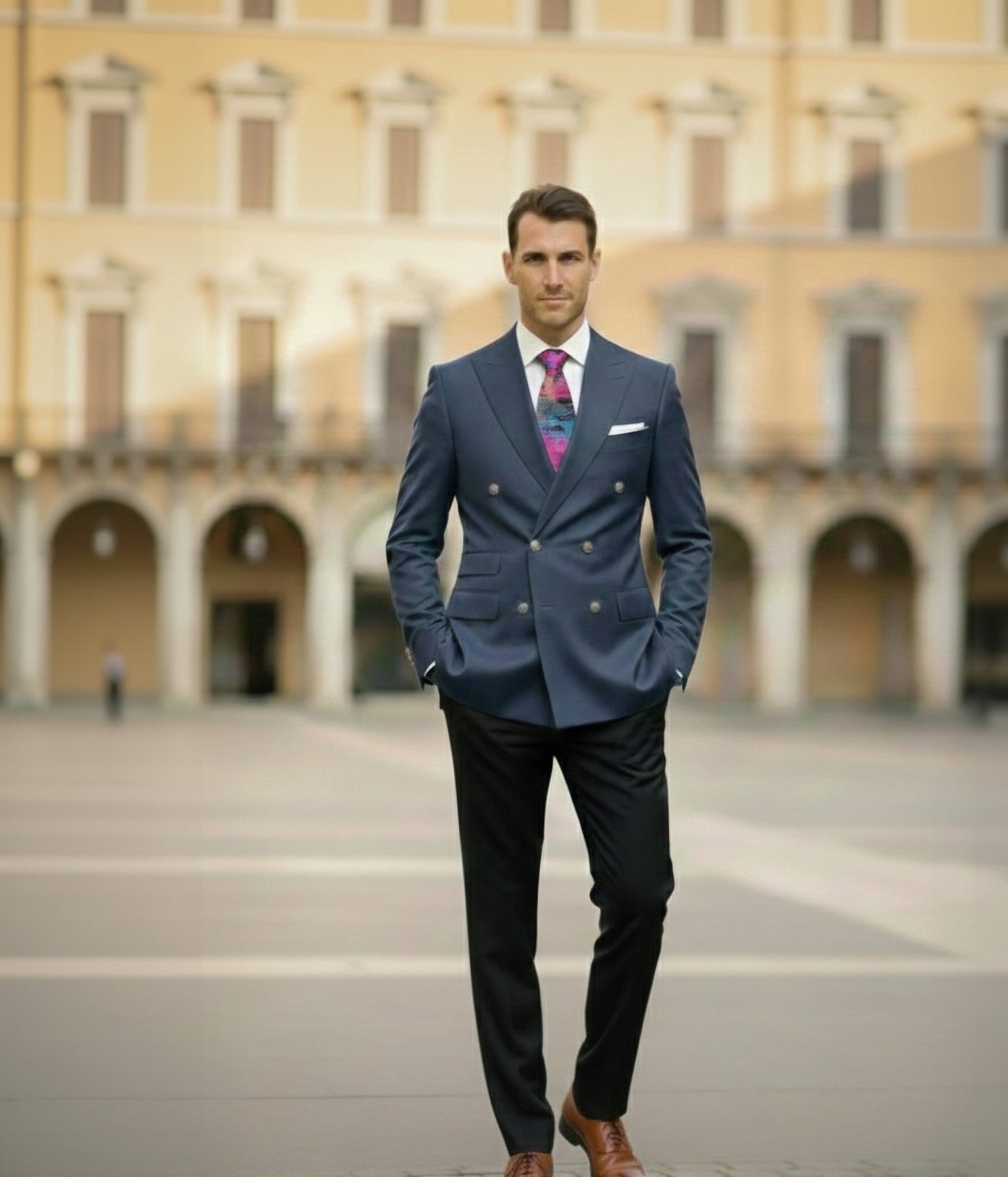 Man in a blue suit standing in front of a large building with arches