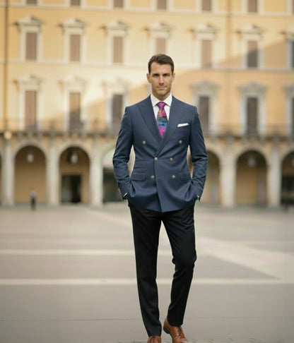 Man in a blue suit standing in front of a large building with arches