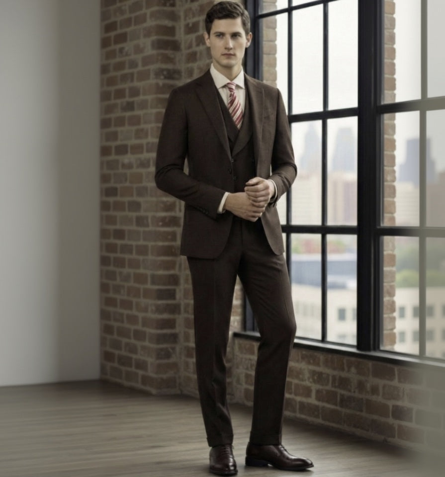 Man in a 3pc brown suit standing in a room with brick walls and large windows.
