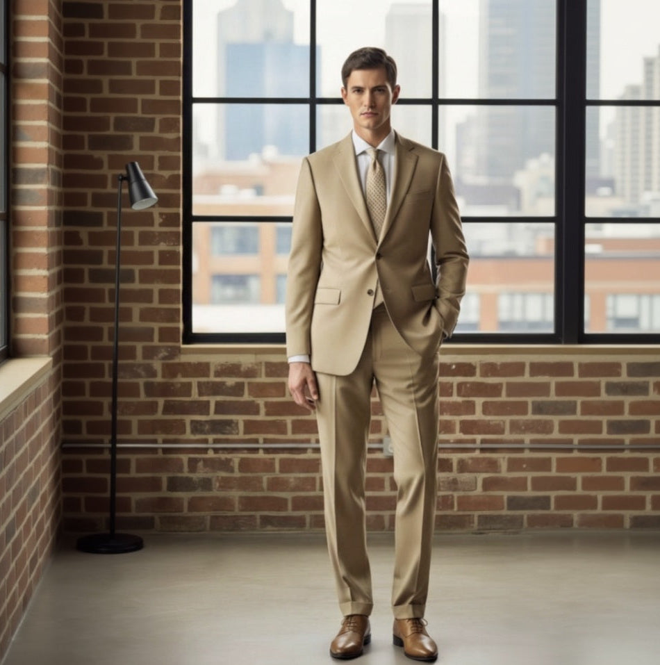 Man in a beige suit standing in a room with large windows and brick walls.