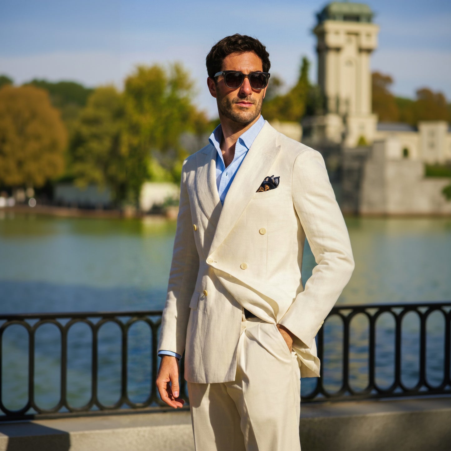 Man in a beige suit and sunglasses standing by a waterfront with trees and a building in the background.
