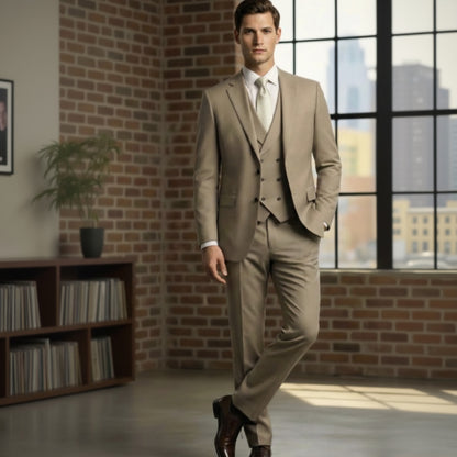 Man in a beige suit standing in a room with a brick wall and large window.