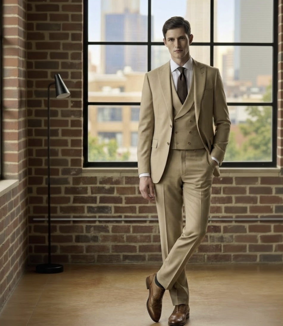 Man in a beige suit standing in front of a large window with a cityscape view.