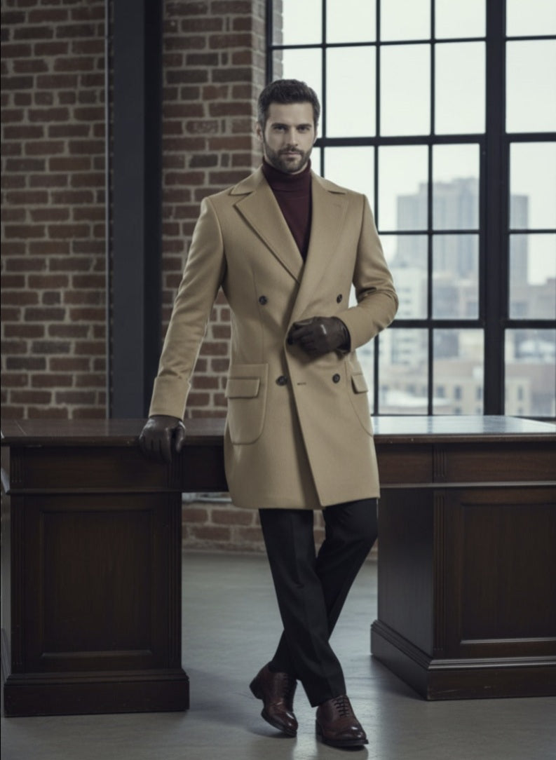 Man in a beige trench coat standing in an office setting with large windows.
