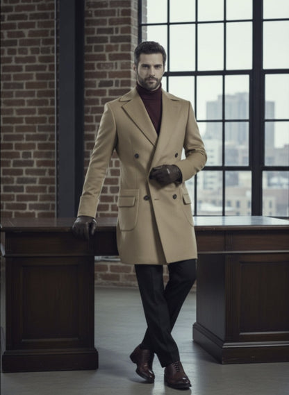 Man in a beige trench coat standing in an office setting with large windows.