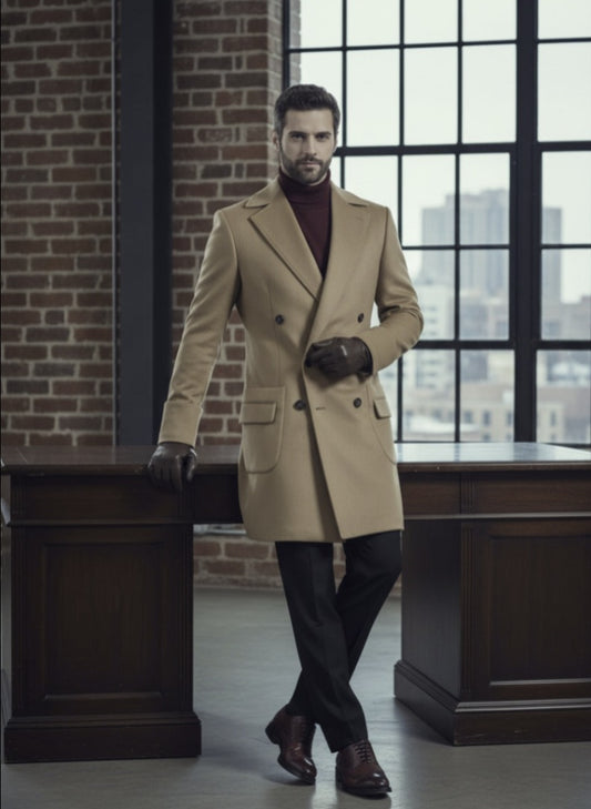 Man in a beige trench coat standing in an office setting with large windows.