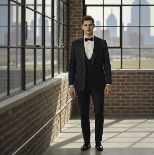 Man in a black tuxedo standing in a room with large windows and brick walls.
