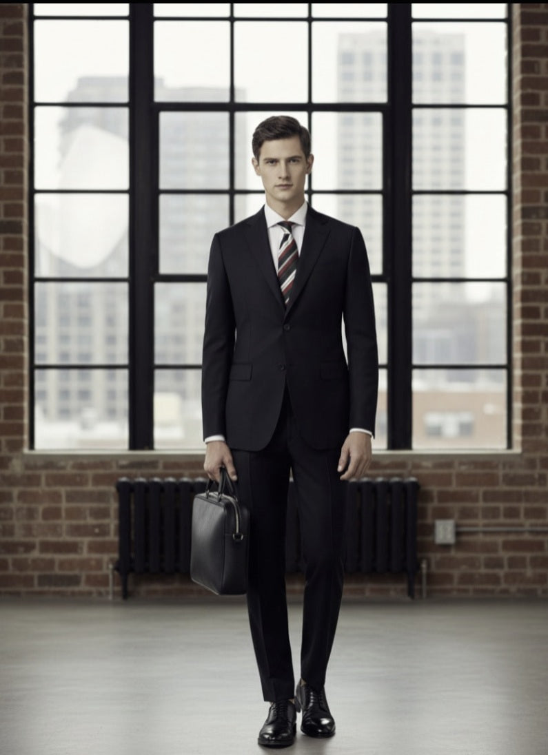 Man in a black suit holding a briefcase in front of large windows with a brick wall background