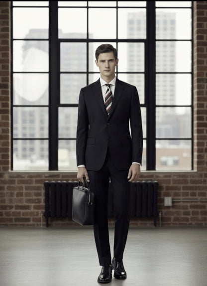 Man in a black suit holding a briefcase in front of large windows with a brick wall background