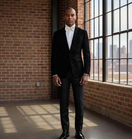 Man in a black suit standing in a room with brick walls and large windows