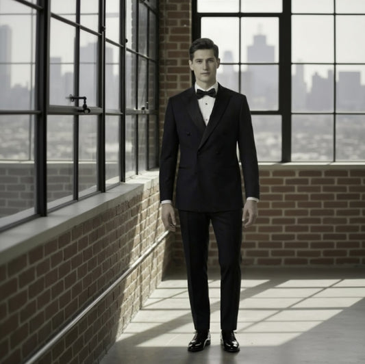 Man in a black suit standing in a room with large windows and brick walls.
