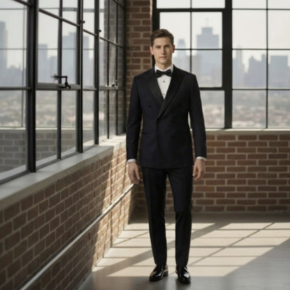 Man in a black tuxedo standing in a room with large windows and brick walls.