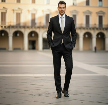 Man in a black suit standing in an open square with classical architecture.