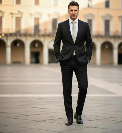Man in a black suit standing in an open square with classical architecture.