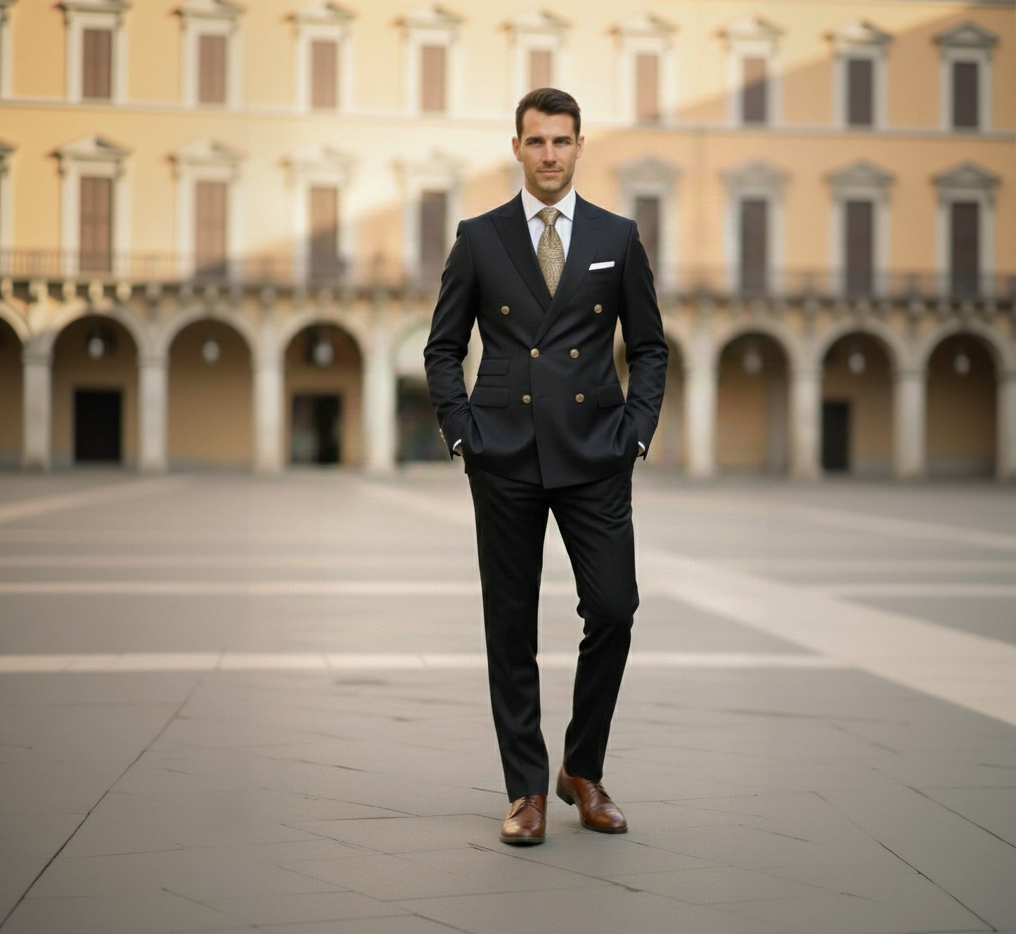 Man in a black suit standing in front of a historic building