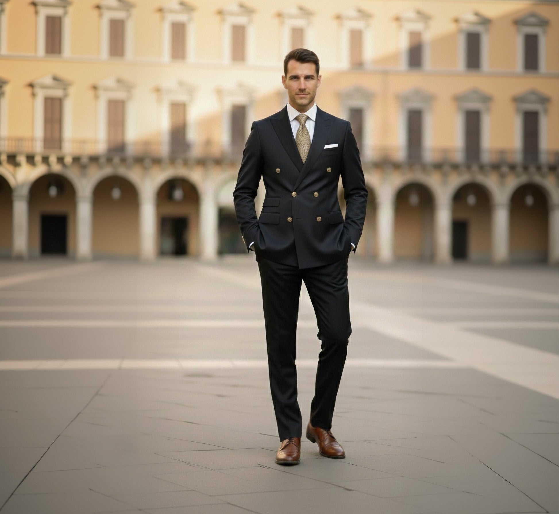 Man in a black suit standing in front of a historic building