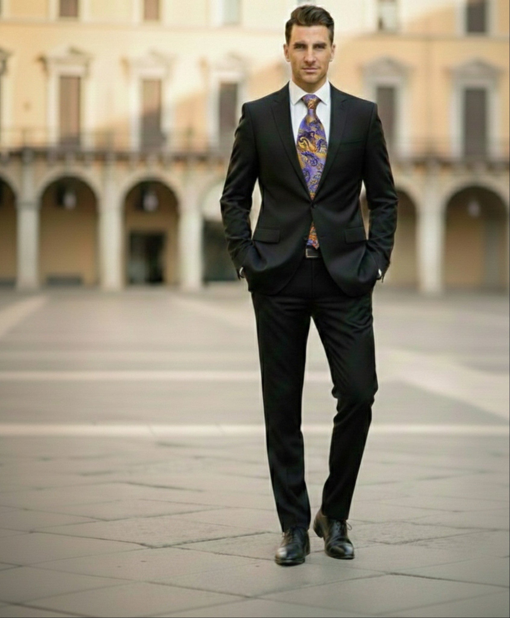 Man in a black suit with a colorful tie standing in an open square with arches.