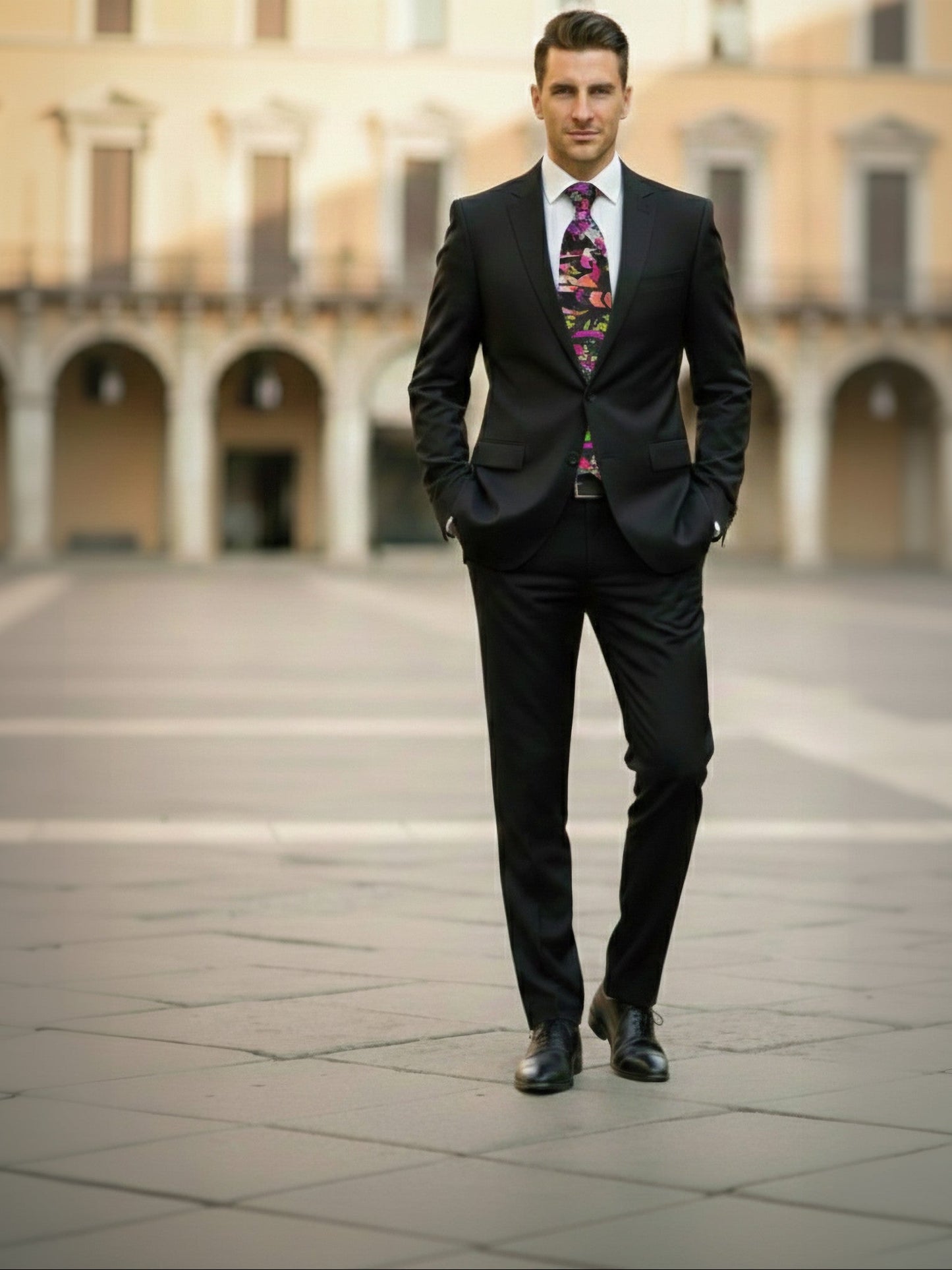 Man in a black suit with a colorful tie standing in an outdoor setting with arches in the background.