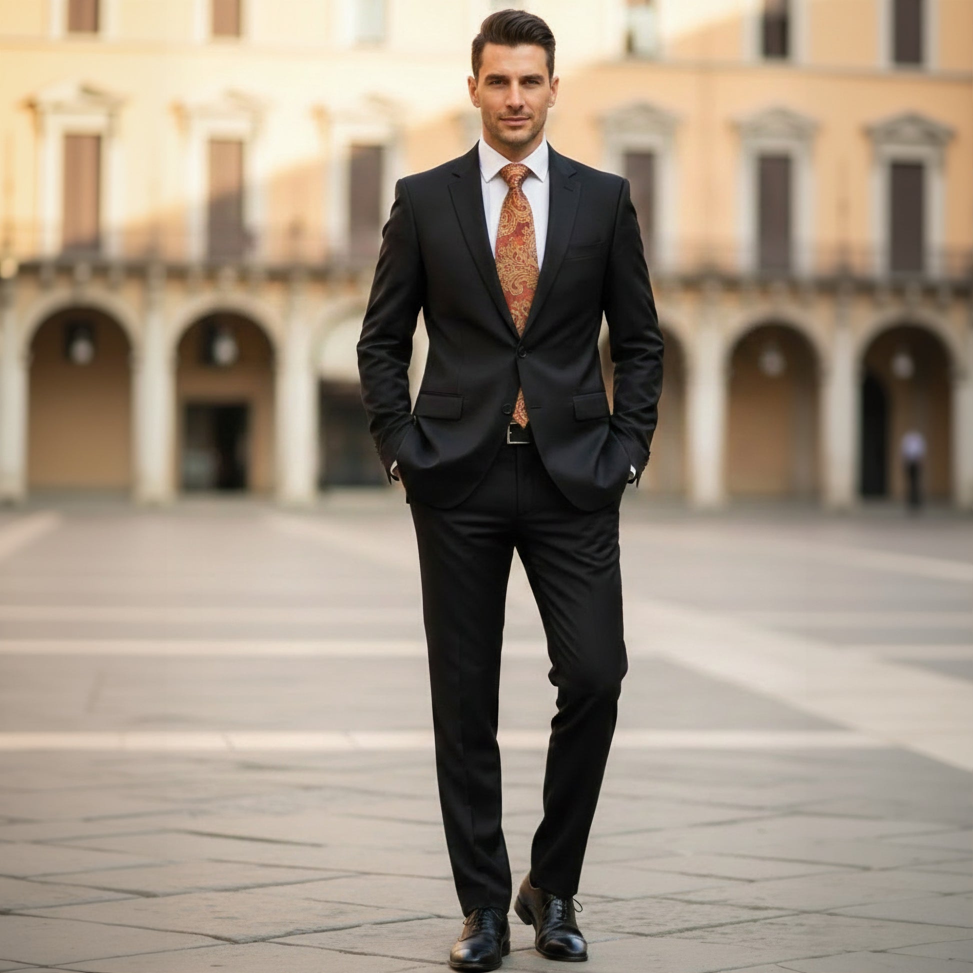 Man in a black suit with a patterned tie standing in an outdoor setting with arches in the background.