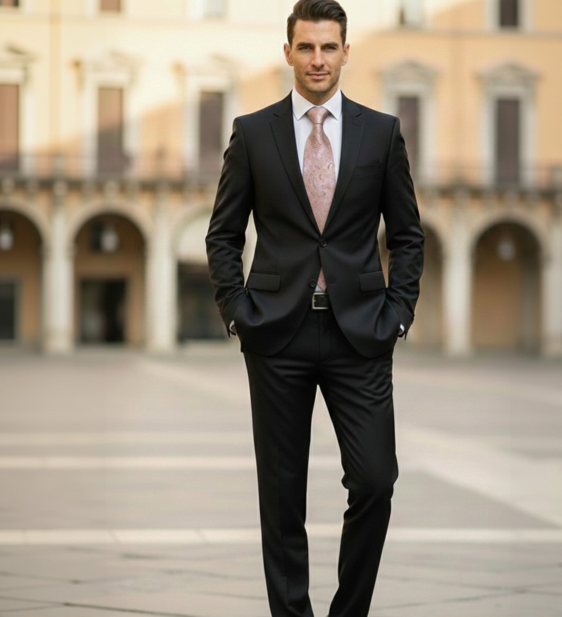 Man in a black suit with a pink tie standing in an open square with arches.