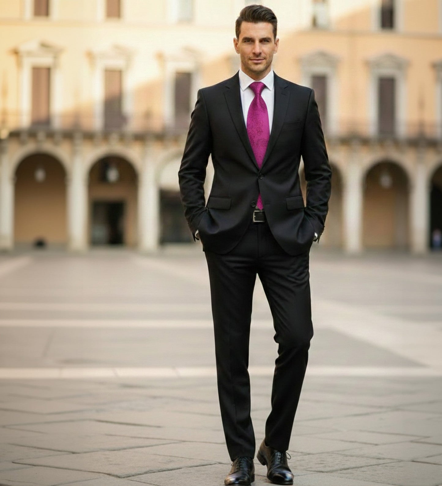 Man in a black suit with a purple tie standing in an open square with arches in the background