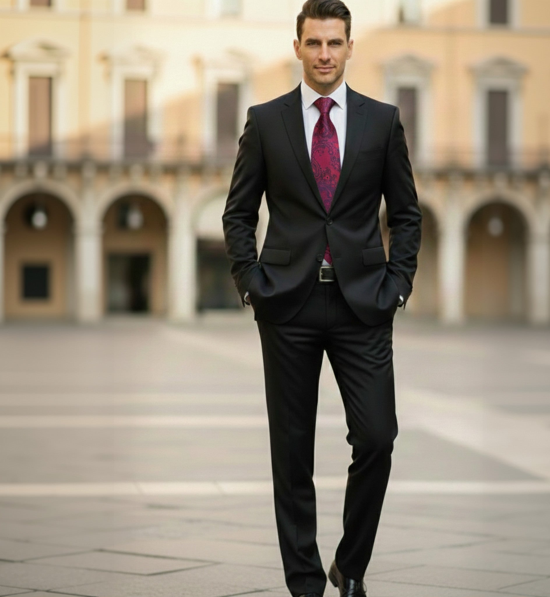 Man in a black suit with a red tie standing in an outdoor setting with arches in the background