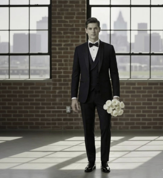 Man in a black tuxedo holding a bouquet in a room with large windows and brick walls.