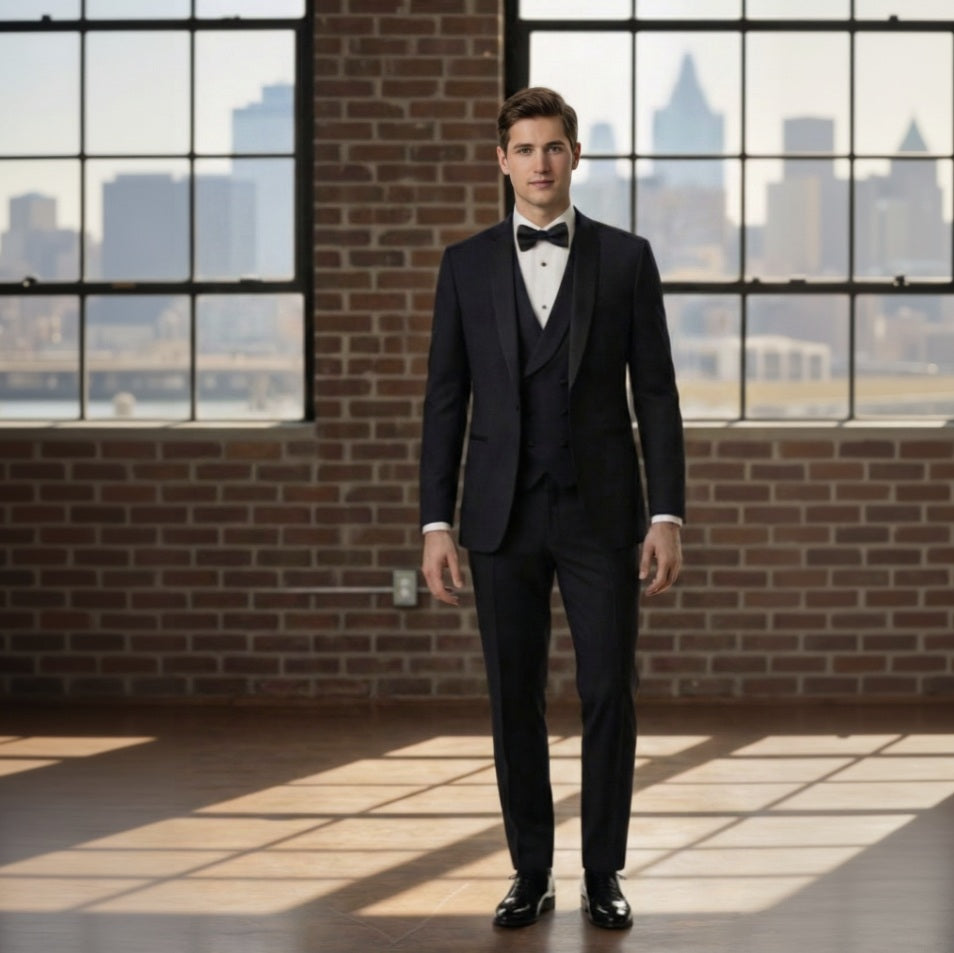 Man in a black tuxedo holding a bouquet in a room with large windows and brick walls.