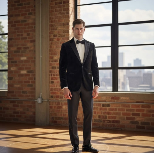 Man in a black velvet tuxedo standing in a room with brick walls and large windows.