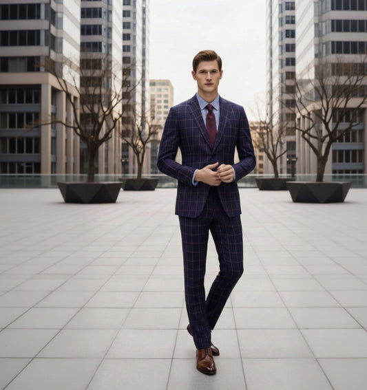Man in a blue checkered suit standing in an urban setting with tall buildings.