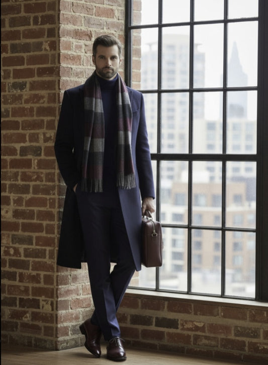 Man in a navy coat and plaid scarf holding a briefcase against a brick wall with large windows.