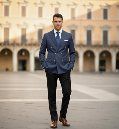Man in a blue suit standing in an open square with classical architecture.