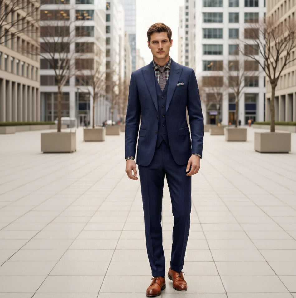 Man in a blue suit standing in an urban setting with modern buildings.