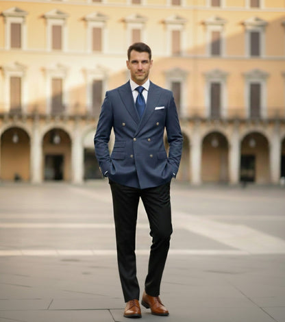Man in a blue suit standing in front of a historic building