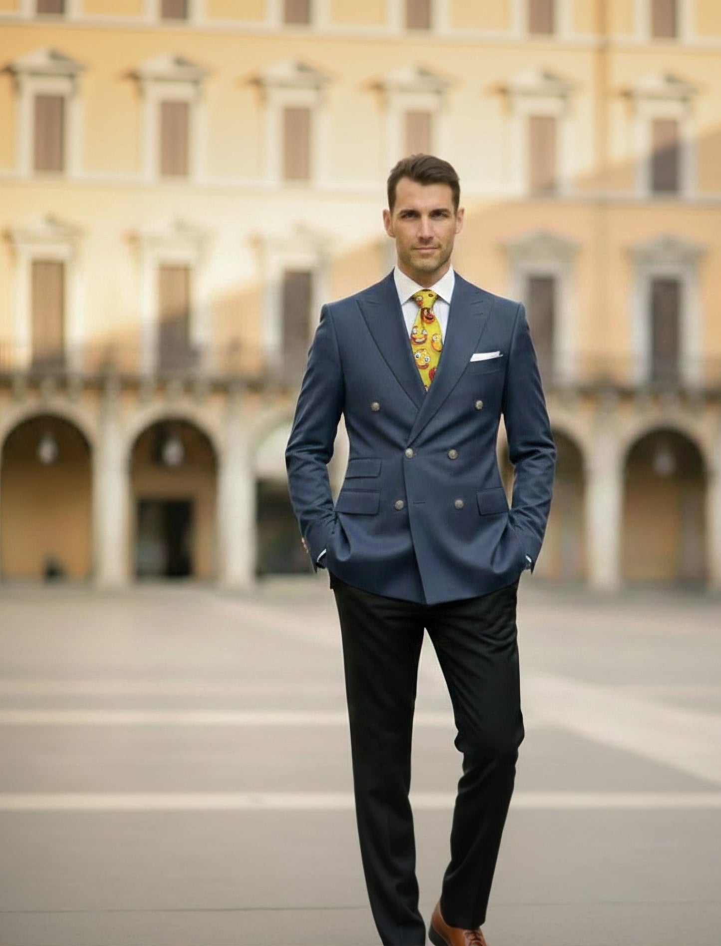 Man in a blue suit standing in front of a large building with arches