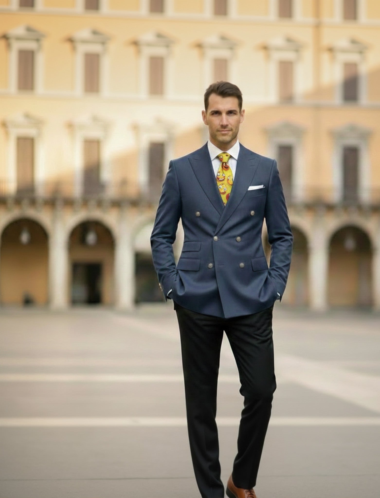 Man in a blue suit standing in front of a large building with arches