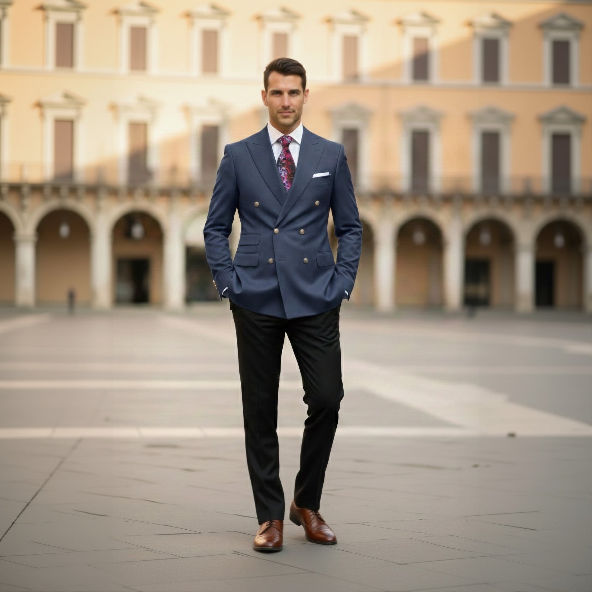 Man in a blue suit standing in front of an architectural building
