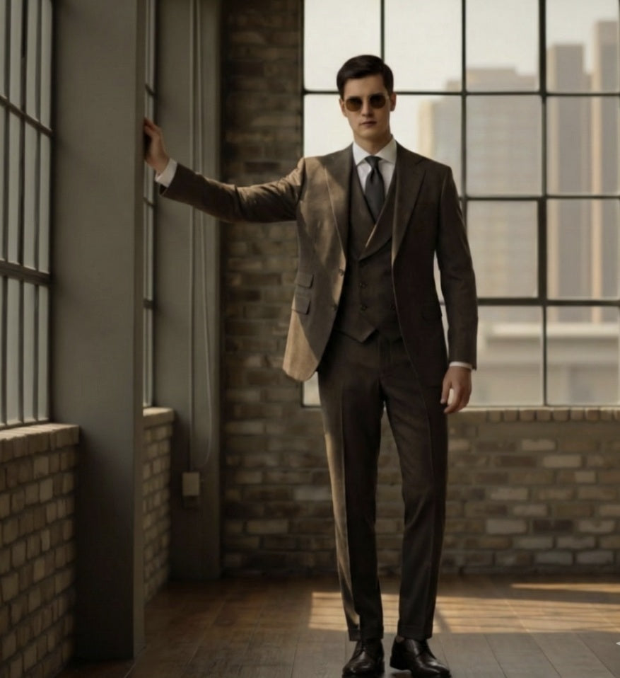 Man in a brown suit standing in a room with large windows and brick walls.