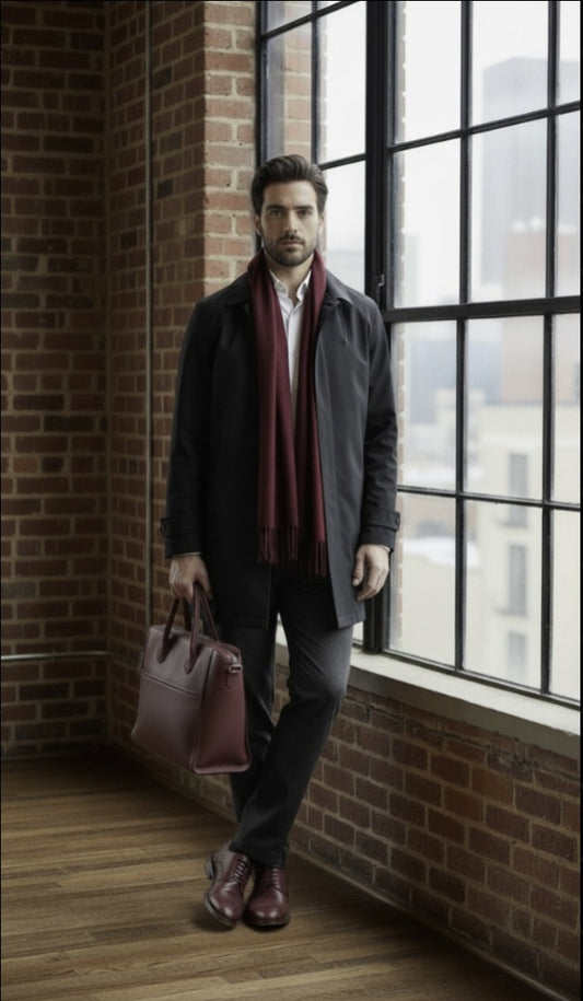 Man in a dark coat and scarf holding a pink bag in a room with brick walls and large windows.