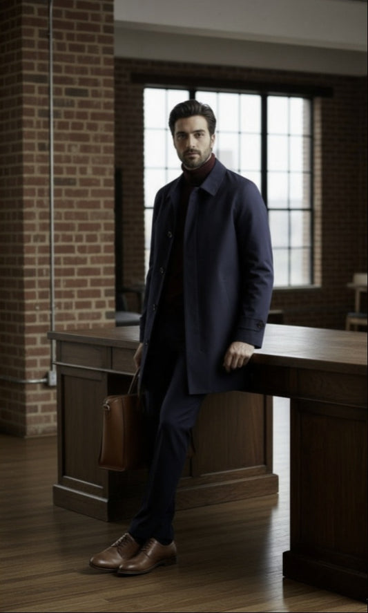 Man in a dark coat standing in a room with wooden furniture and brick wall.