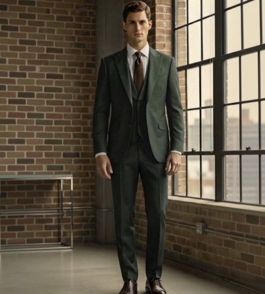 Man in a forest green 3pc suit standing in a room with a brick wall and large window.